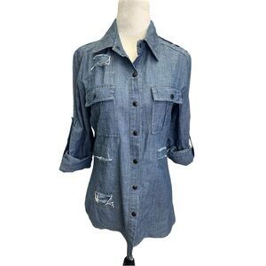 Tribeca Blue Chambray Button Down Destructed Shirt Size S